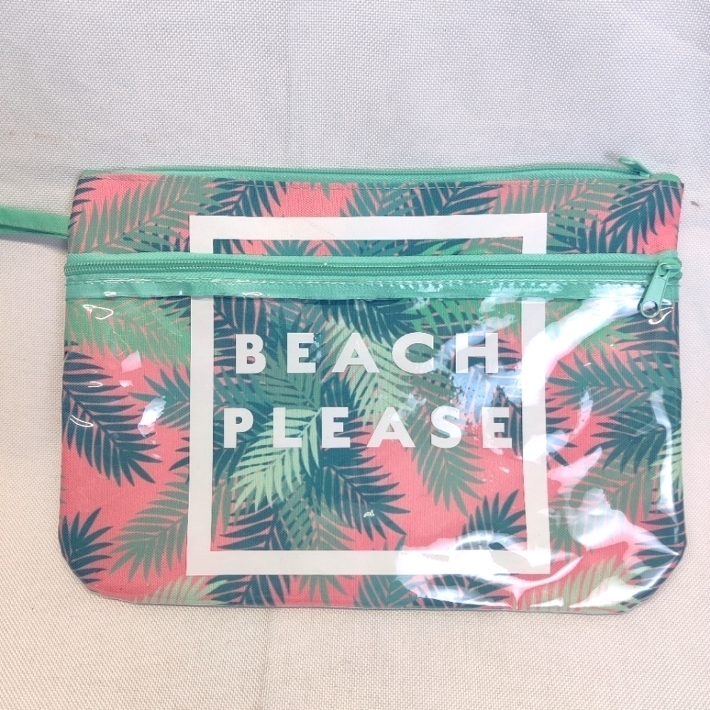 "Beach Please" Makeup Bag Palm Tree Leaf Pink Canvas Zipper Top & Clear Pocket
